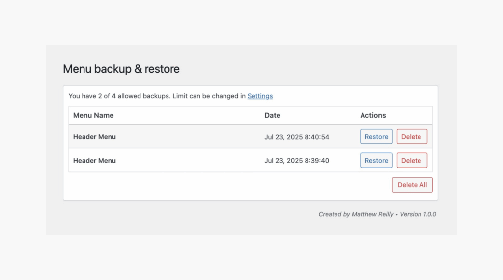 Menu backup and restore UI